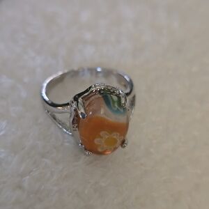 Silver and Orange Floral Ring